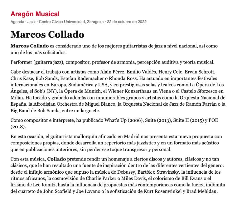 Marcos Collado en el Centro Cívico Universidad · «uno de los mejores guitarristas de jazz a nivel nacional»