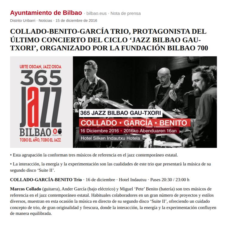 Collado-Benito-García Trio, protagonista del último concierto del ciclo Jazz Bilbao Gau-Txori