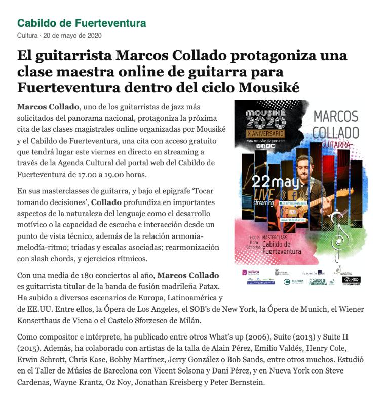 El guitarrista Marcos Collado protagoniza una clase maestra online dentro del ciclo Mousiké