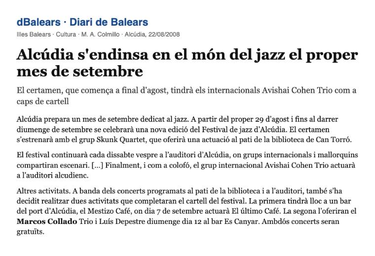 Alcúdia s'endinsa en el món del jazz · Marcos Collado Trio i Luís Depestre, Es Canyar