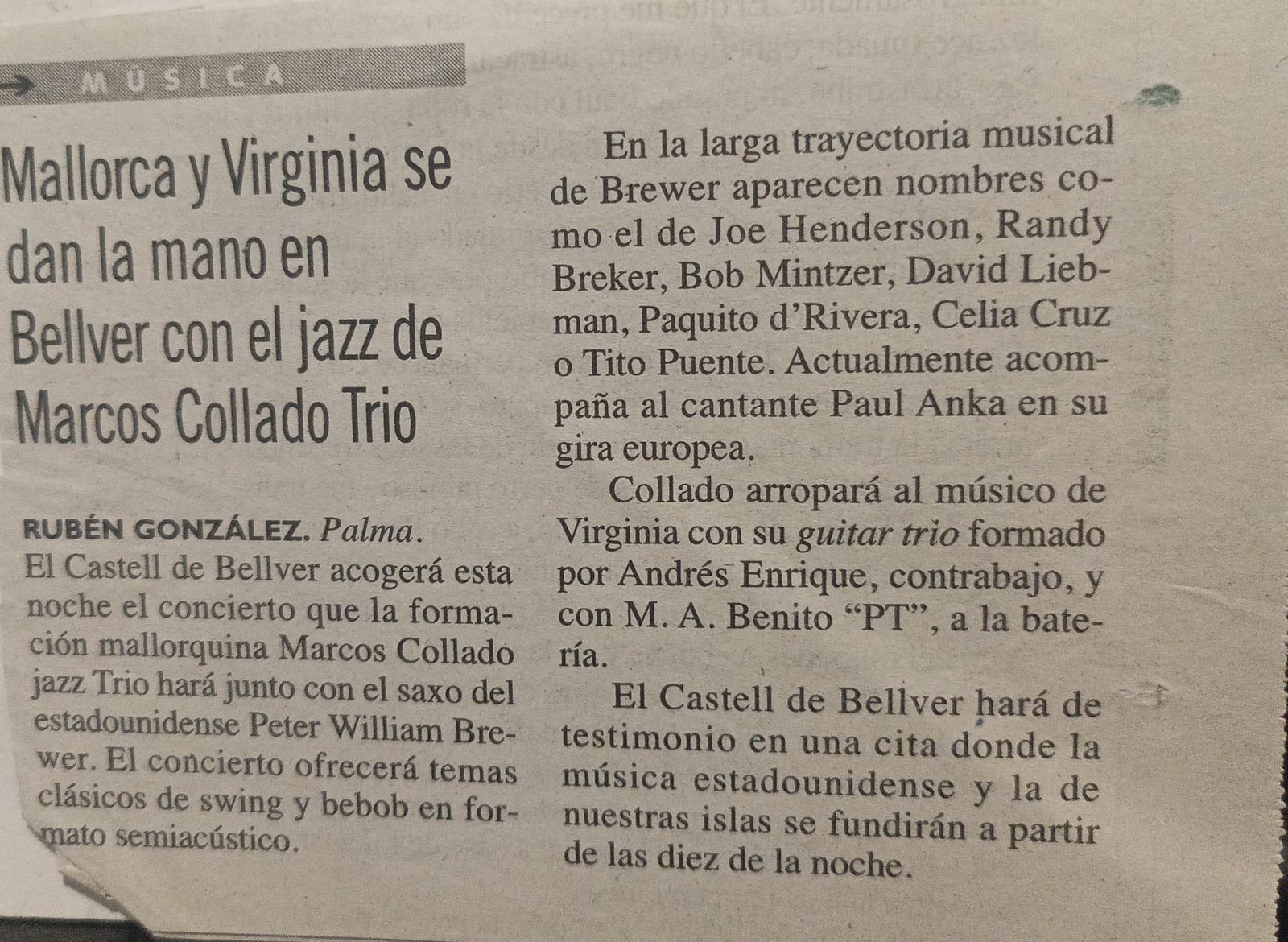 Mallorca y Virginia se dan la mano en Bellver con el jazz de Marcos Collado Trio