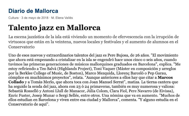Talento jazz en Mallorca · Pere Bujosa cita a Marcos Collado y Tomás Merlo como precursores