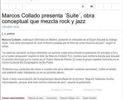 Marcos Collado presenta «Suite», obra conceptual que mezcla rock y jazz