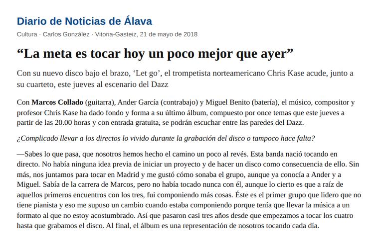Entrevista a Chris Kase · «La meta es tocar hoy un poco mejor que ayer» · el cuarteto con Marcos Collado en el Dazz