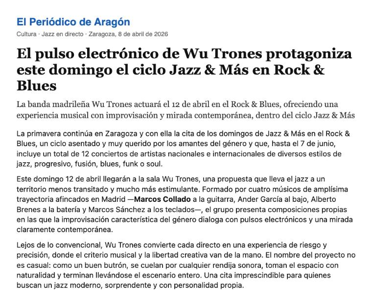 El pulso electrónico de Wu Trones protagoniza el ciclo Jazz & Más en Rock & Blues