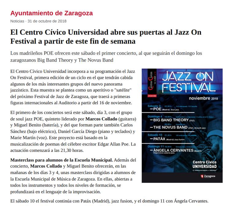 POE abre el Jazz On Festival · concierto y masterclass de Marcos Collado y Miguel Benito